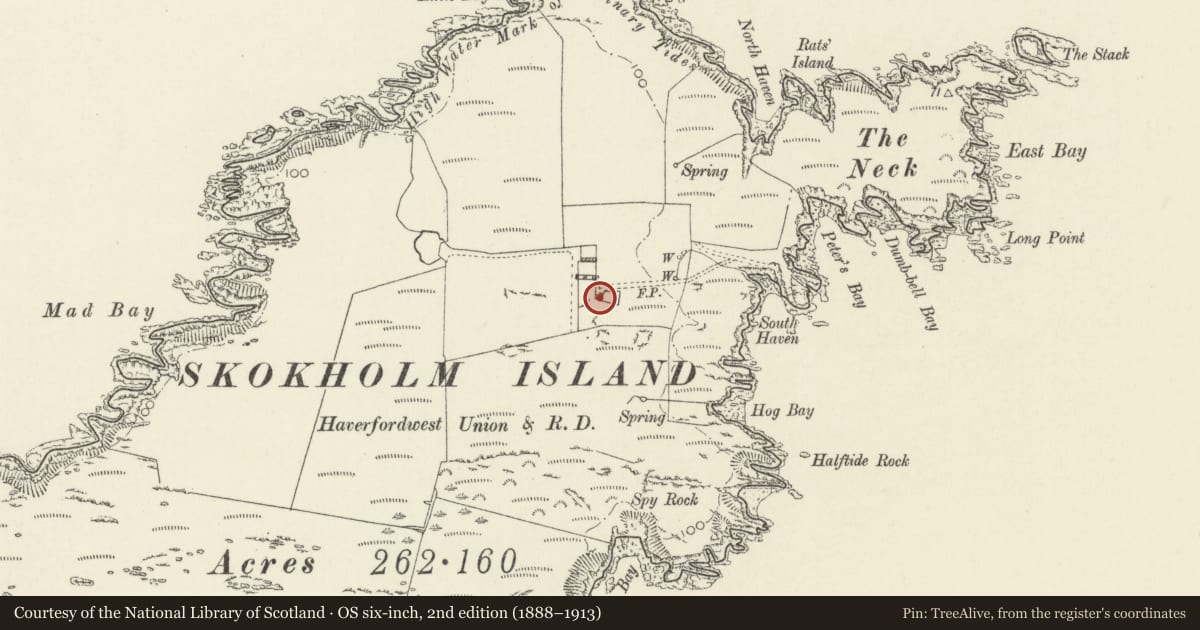 Ordnance Survey six-inch map, 2nd edition (1888–1913) covering the location of The Cottage, Marloes and St. Brides, Pembrokeshire, with a pin at the register's coordinates