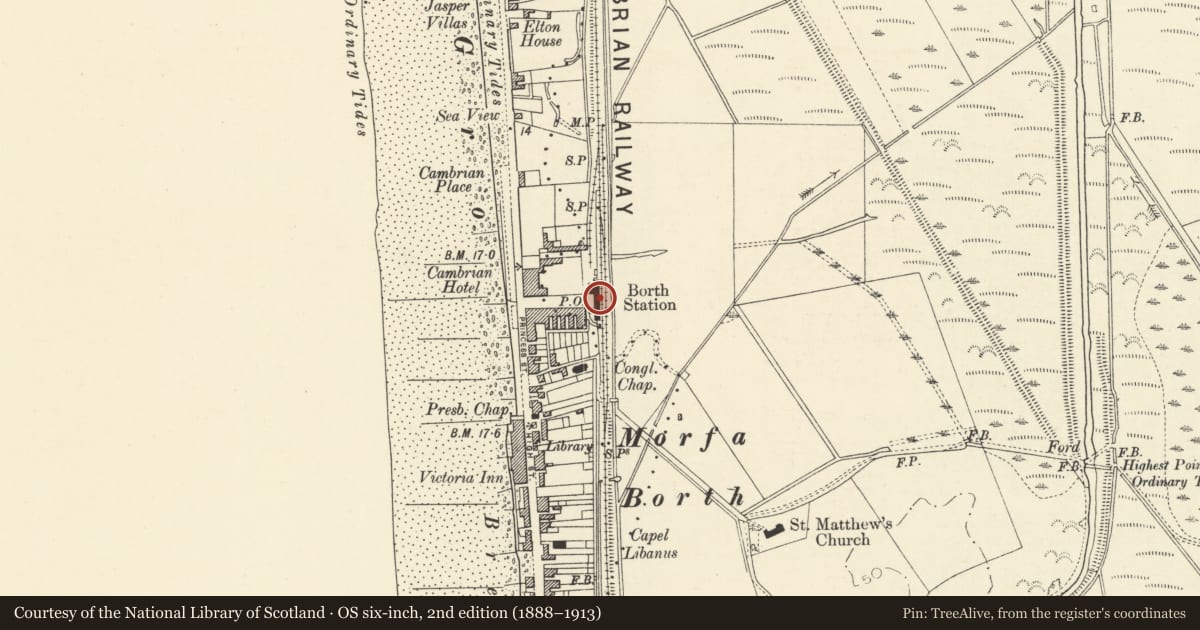 Ordnance Survey six-inch map, 2nd edition (1888–1913) covering the location of Borth Station, Ceredigion, with a pin at the register's coordinates