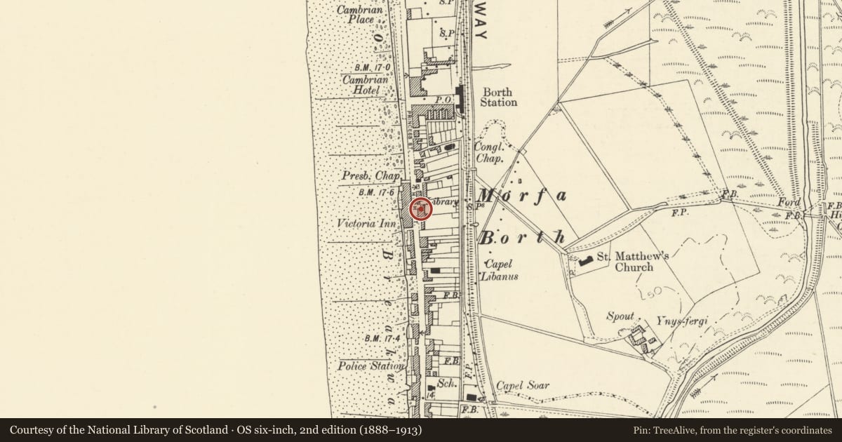 Ordnance Survey six-inch map, 2nd edition (1888–1913) covering the location of Sabrina Cottage, Borth, Ceredigion, with a pin at the register's coordinates