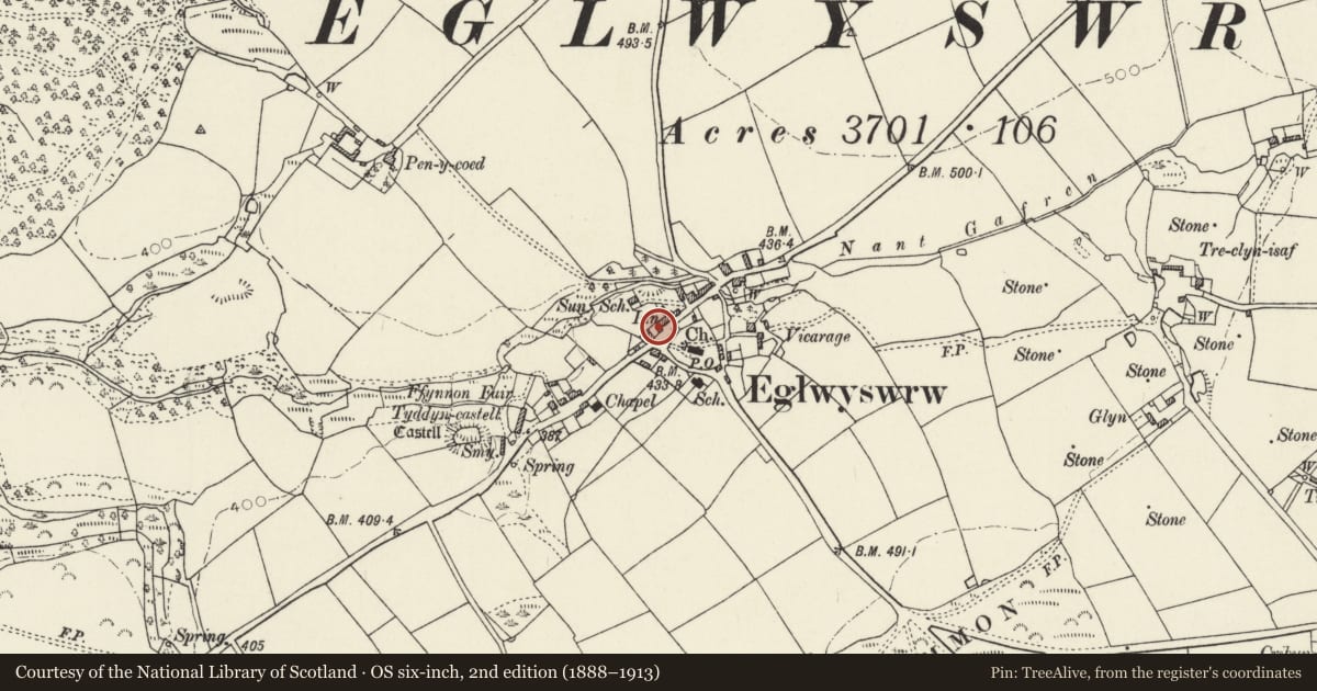 Ordnance Survey six-inch map, 2nd edition (1888–1913) covering the location of Coach House at The Serjeants Inn, Eglwyswrw, Pembrokeshire, with a pin at the register's coordinates