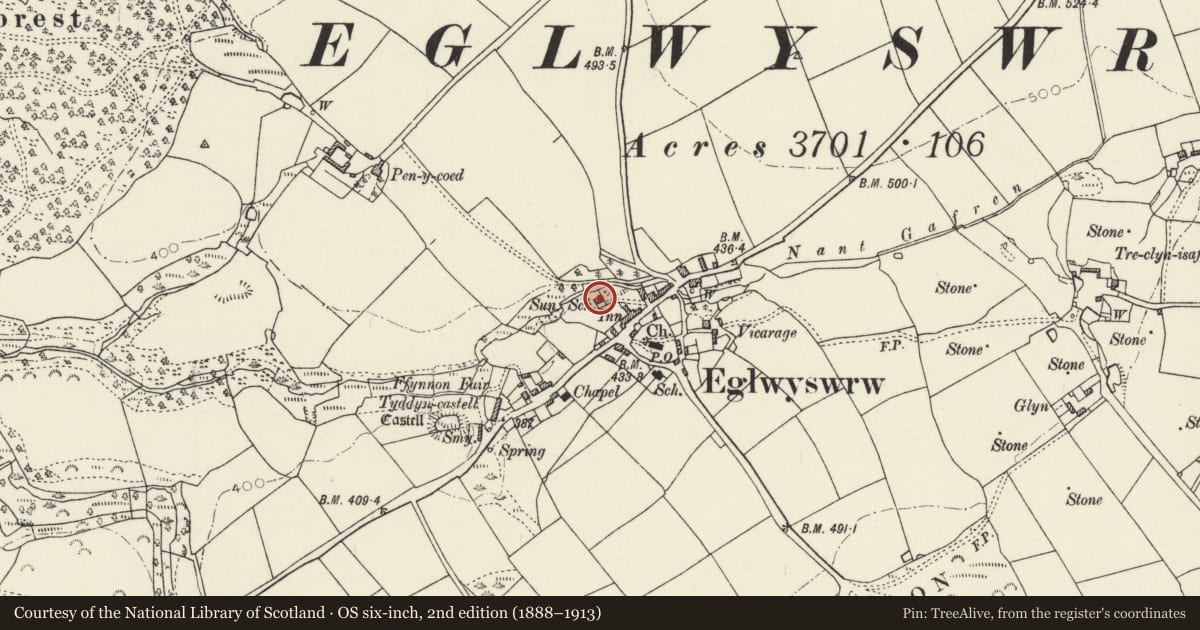 Ordnance Survey six-inch map, 2nd edition (1888–1913) covering the location of The Young Farmers' Club, Eglwyswrw, Pembrokeshire, with a pin at the register's coordinates