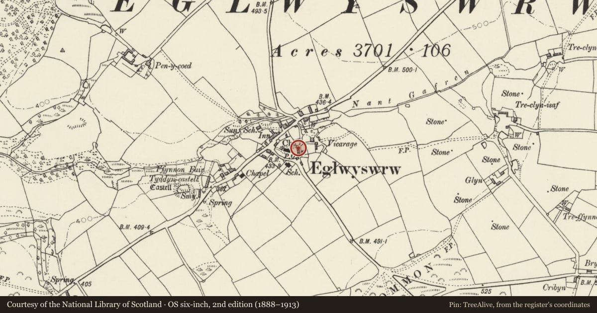 Ordnance Survey six-inch map, 2nd edition (1888–1913) covering the location of Corllan, Eglwyswrw, Pembrokeshire, with a pin at the register's coordinates