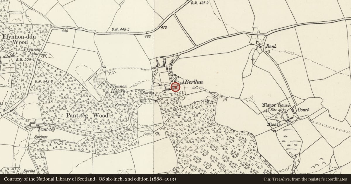 Ordnance Survey six-inch map, 2nd edition (1888–1913) covering the location of Berllan, Eglwyswrw, Pembrokeshire, with a pin at the register's coordinates