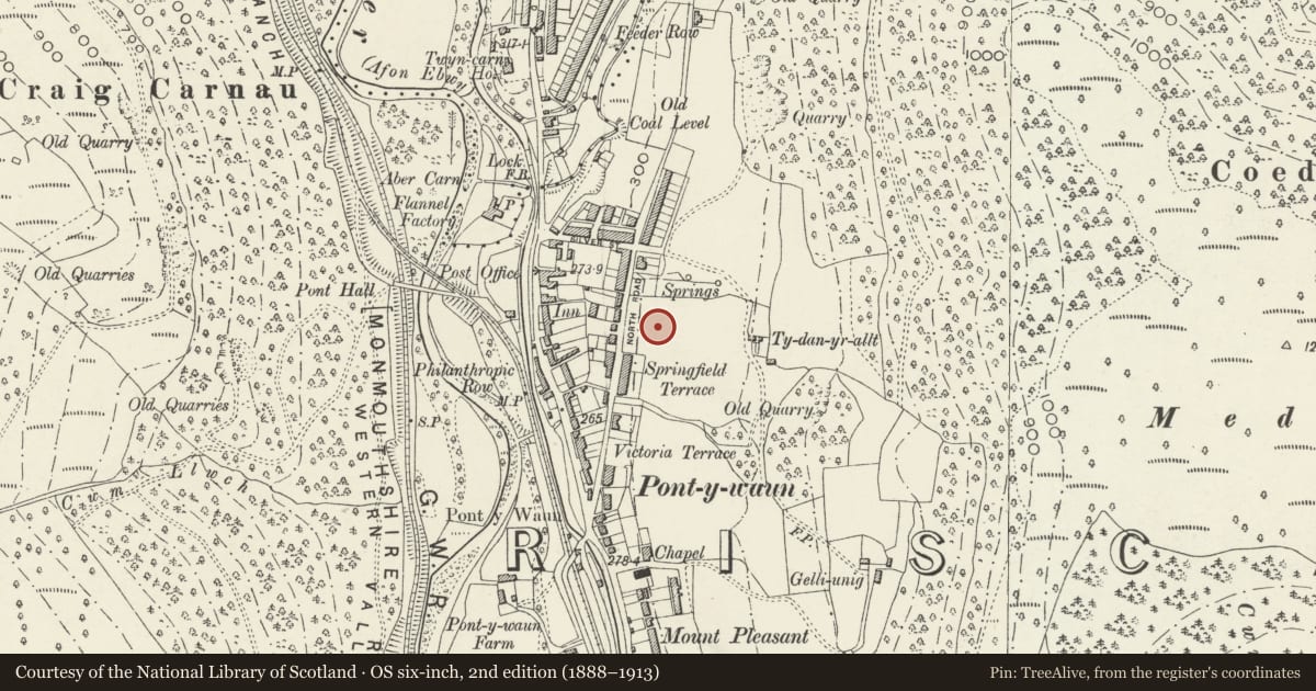 Ordnance Survey six-inch map, 2nd edition (1888–1913) covering the location of 57 Garden Suburbs, Crosskeys, Caerphilly, with a pin at the register's coordinates