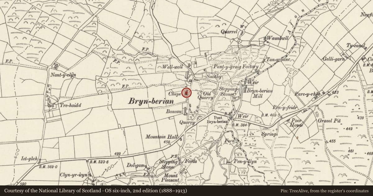 Ordnance Survey six-inch map, 2nd edition (1888–1913) covering the location of Brynberian Independent Chapel, Eglwyswrw, Pembrokeshire, with a pin at the register's coordinates