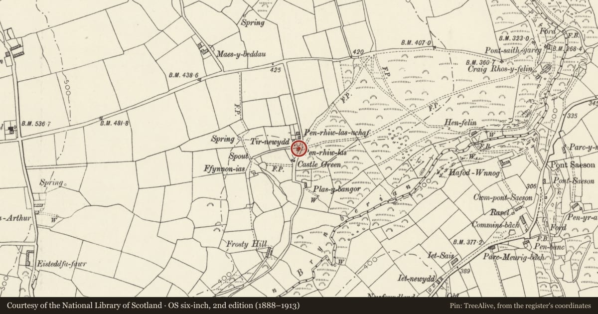 Ordnance Survey six-inch map, 2nd edition (1888–1913) covering the location of Penrhiwlas Isaf, Eglwyswrw, Pembrokeshire, with a pin at the register's coordinates