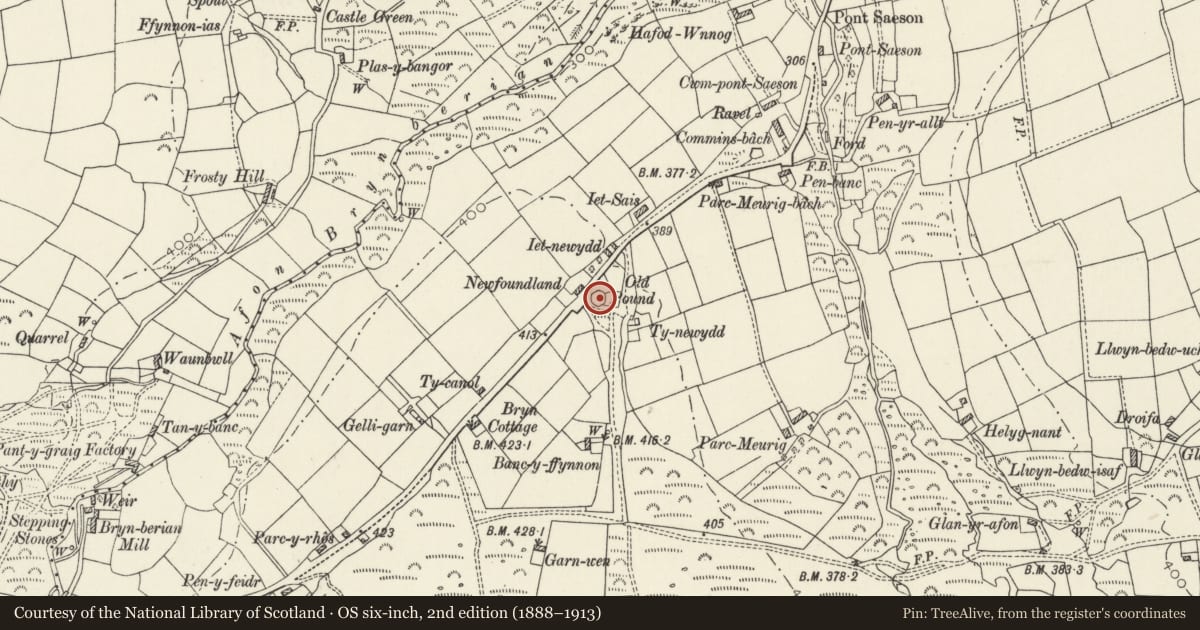 Ordnance Survey six-inch map, 2nd edition (1888–1913) covering the location of Pound at Newfoundland, Eglwyswrw, Pembrokeshire, with a pin at the register's coordinates