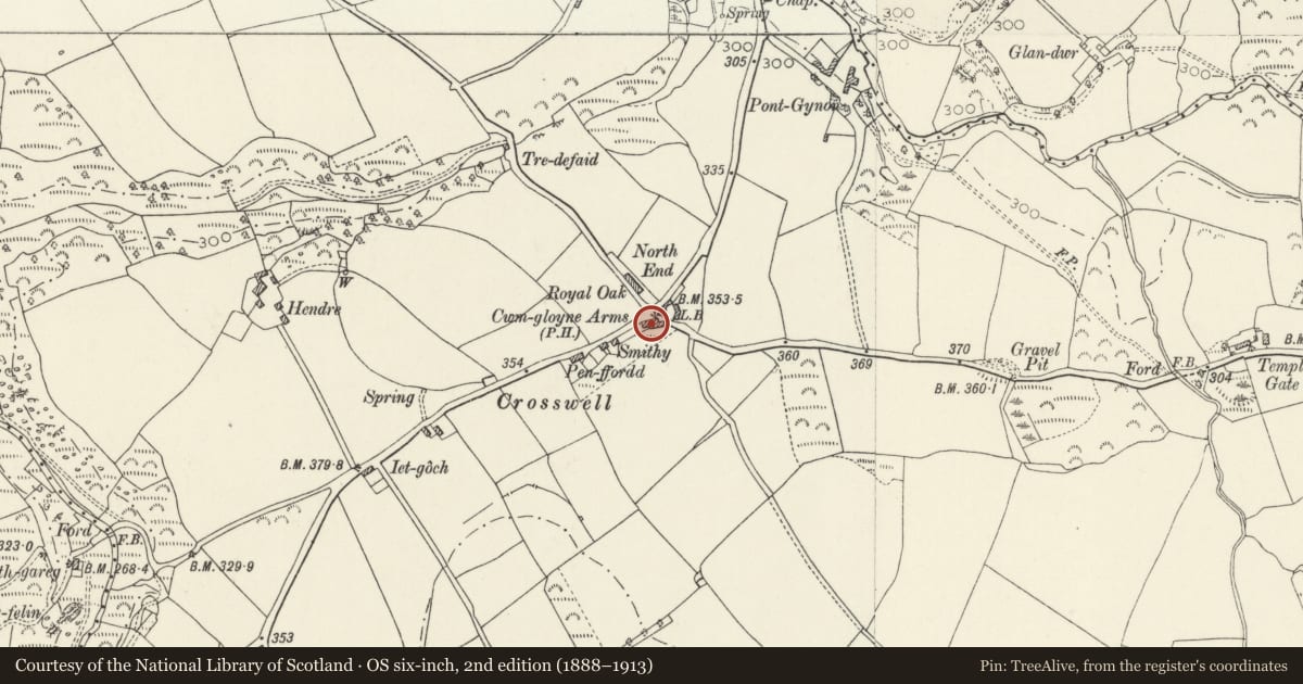 Ordnance Survey six-inch map, 2nd edition (1888–1913) covering the location of Crosswell House, Eglwyswrw, Pembrokeshire, with a pin at the register's coordinates