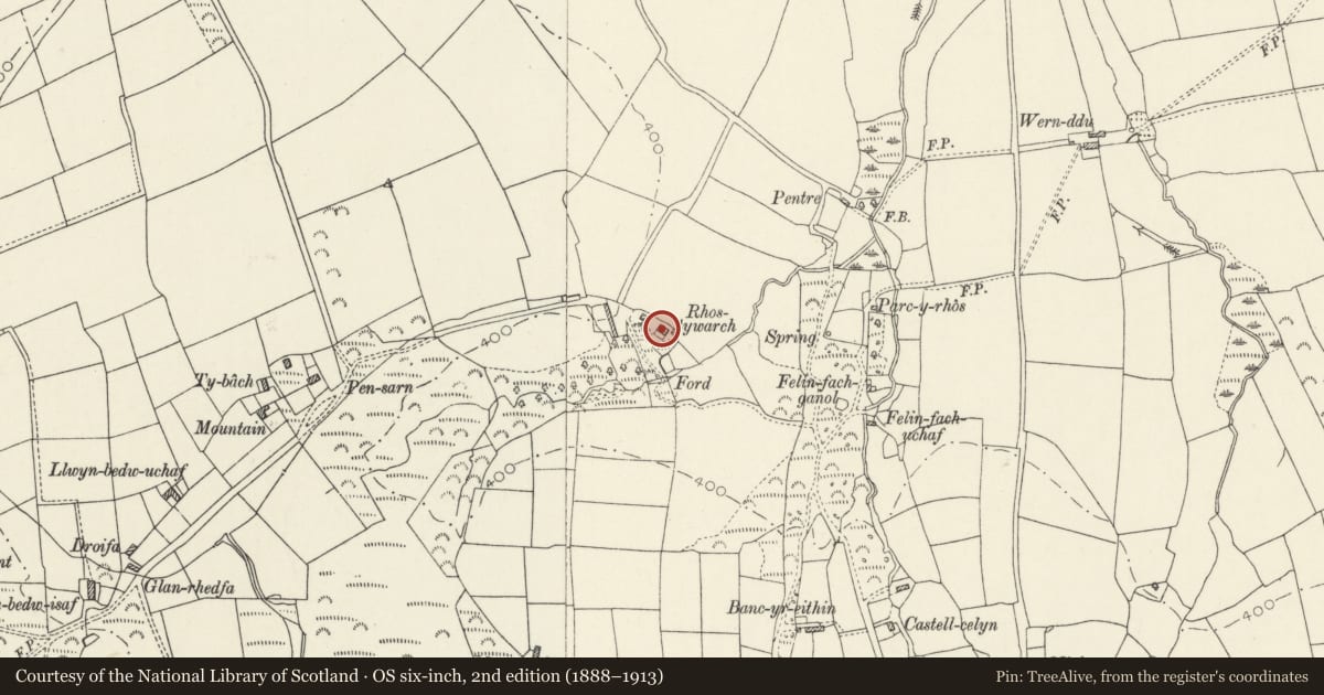 Ordnance Survey six-inch map, 2nd edition (1888–1913) covering the location of Rhostwarch, Eglwyswrw, Pembrokeshire, with a pin at the register's coordinates
