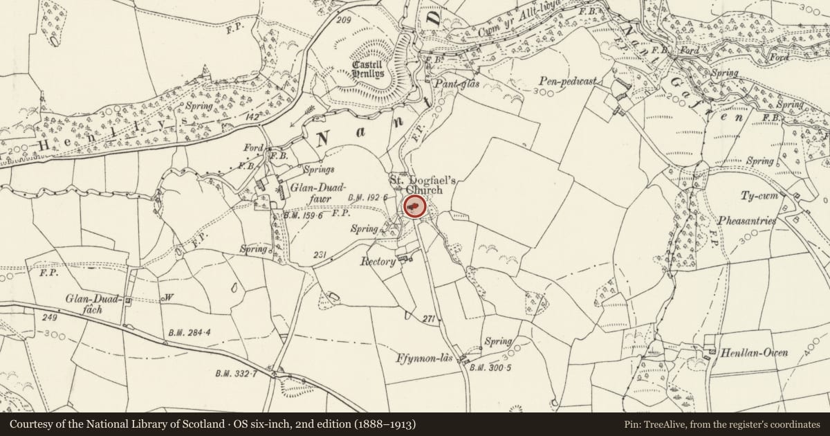 Ordnance Survey six-inch map, 2nd edition (1888–1913) covering the location of Church of St Dogfael, Eglwyswrw, Pembrokeshire, with a pin at the register's coordinates