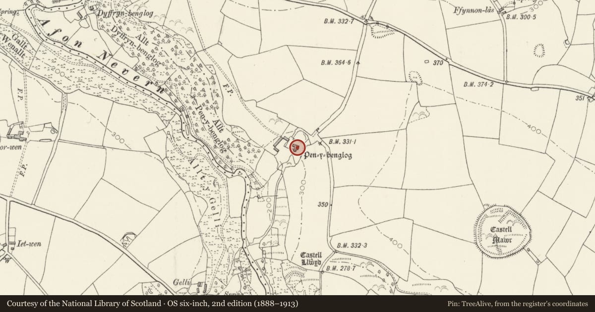Ordnance Survey six-inch map, 2nd edition (1888–1913) covering the location of Penybenglog, Eglwyswrw, Pembrokeshire, with a pin at the register's coordinates