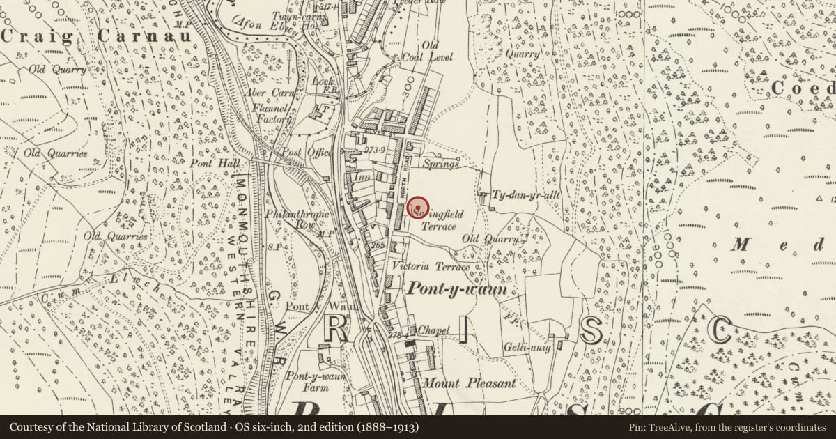 Ordnance Survey six-inch map, 2nd edition (1888–1913) covering the location of 65 Garden Suburbs, Crosskeys, Caerphilly, with a pin at the register's coordinates