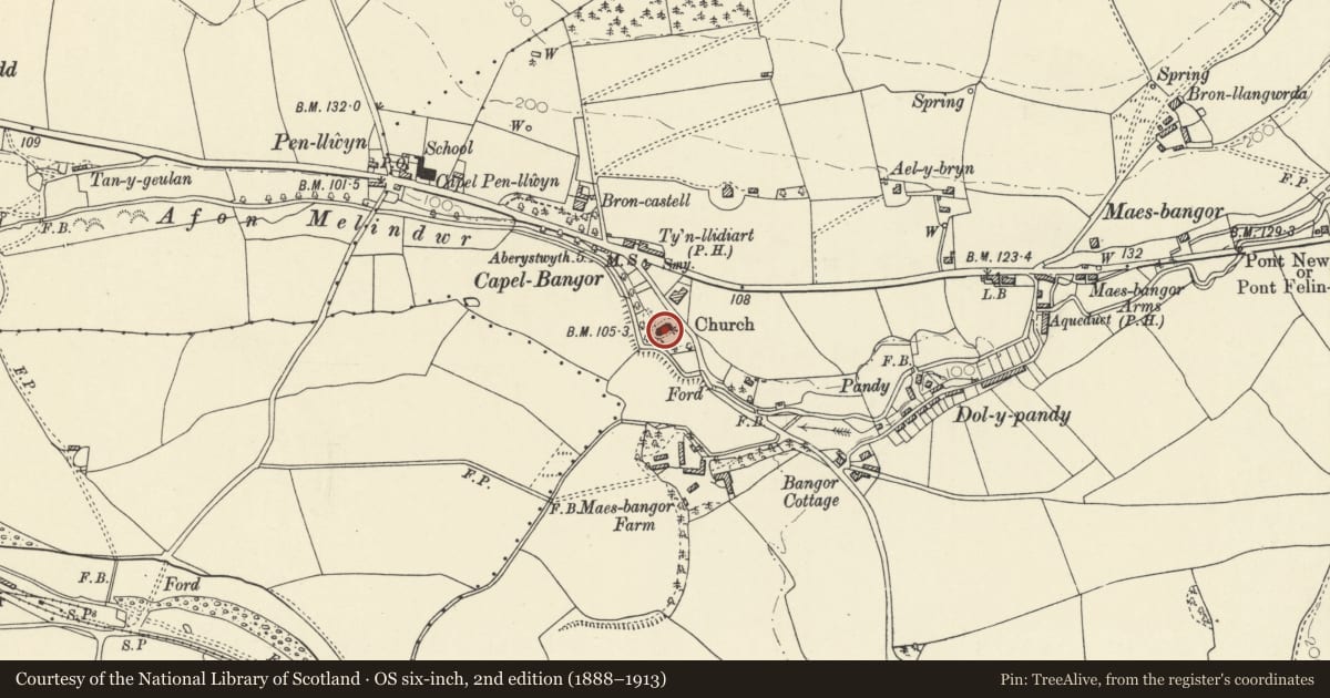 Ordnance Survey six-inch map, 2nd edition (1888–1913) covering the location of Church of Saint David, Melindwr, Ceredigion, with a pin at the register's coordinates