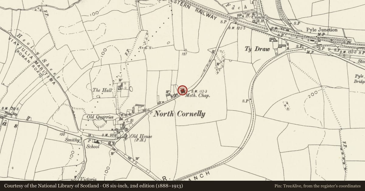 Ordnance Survey six-inch map, 2nd edition (1888–1913) covering the location of Pyle Calvinistic Methodist Chapel, Capel y Pil, and schoolroom, with forecourt railings, Cornelly, Bridgend, with a pin at the register's coordinates