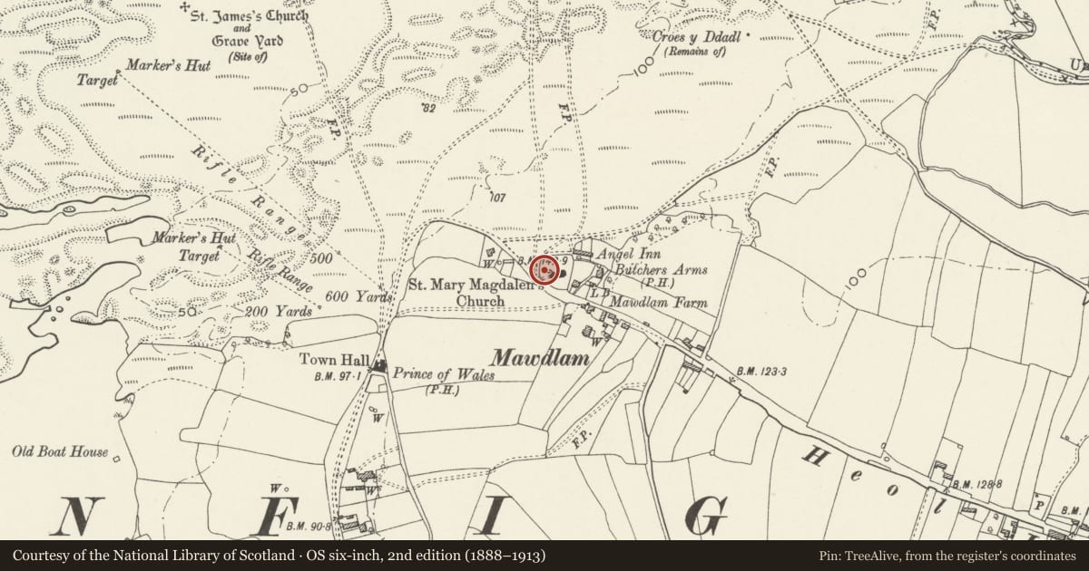 Ordnance Survey six-inch map, 2nd edition (1888–1913) covering the location of Chest tomb in the graveyard of the Church of St Mary Magdalen, Pyle with Kenfig, Cornelly, Bridgend, with a pin at the register's coordinates