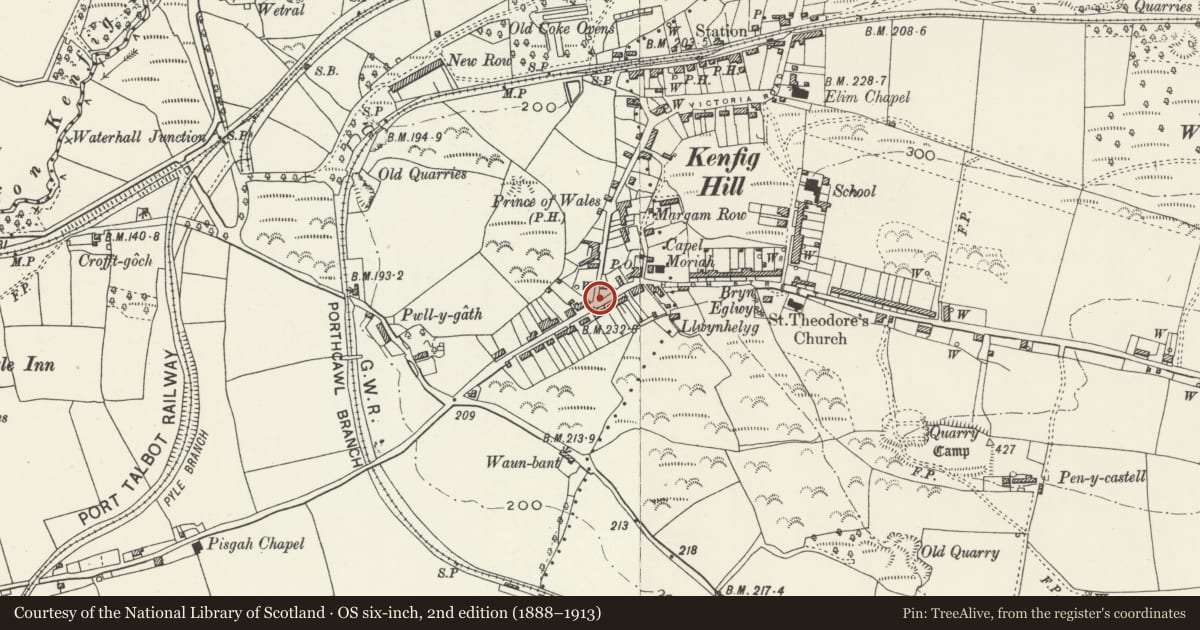 Ordnance Survey six-inch map, 2nd edition (1888–1913) covering the location of Kenfig Hill War Memorial, Pyle, Bridgend, with a pin at the register's coordinates