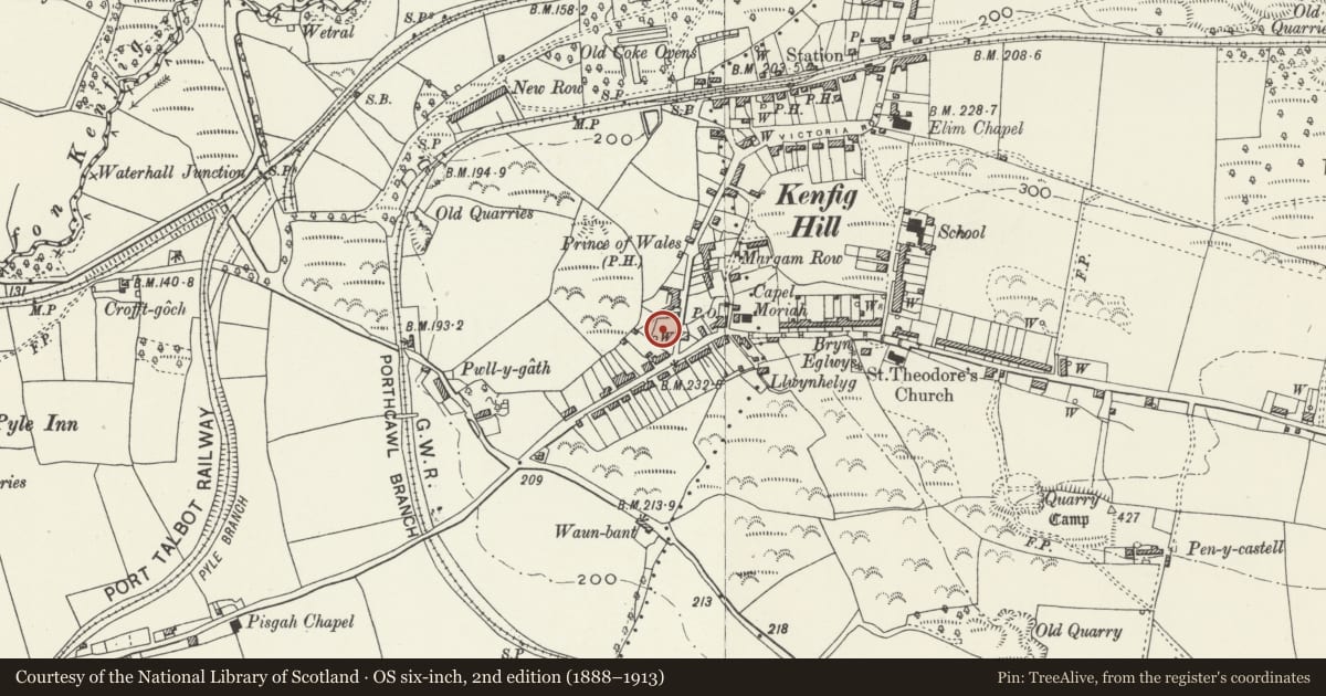Ordnance Survey six-inch map, 2nd edition (1888–1913) covering the location of The Talbot Institute, Pyle, Bridgend, with a pin at the register's coordinates