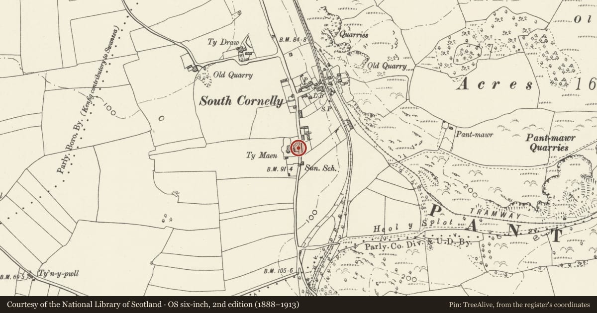 Ordnance Survey six-inch map, 2nd edition (1888–1913) covering the location of Garden gateway at Ty-maen, Cornelly, Bridgend, with a pin at the register's coordinates