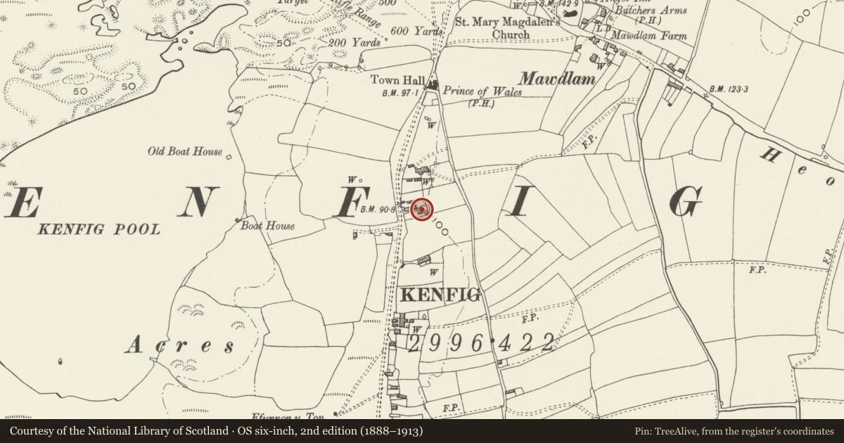 Ordnance Survey six-inch map, 2nd edition (1888–1913) covering the location of Pool Farmhouse, Cornelly, Bridgend, with a pin at the register's coordinates