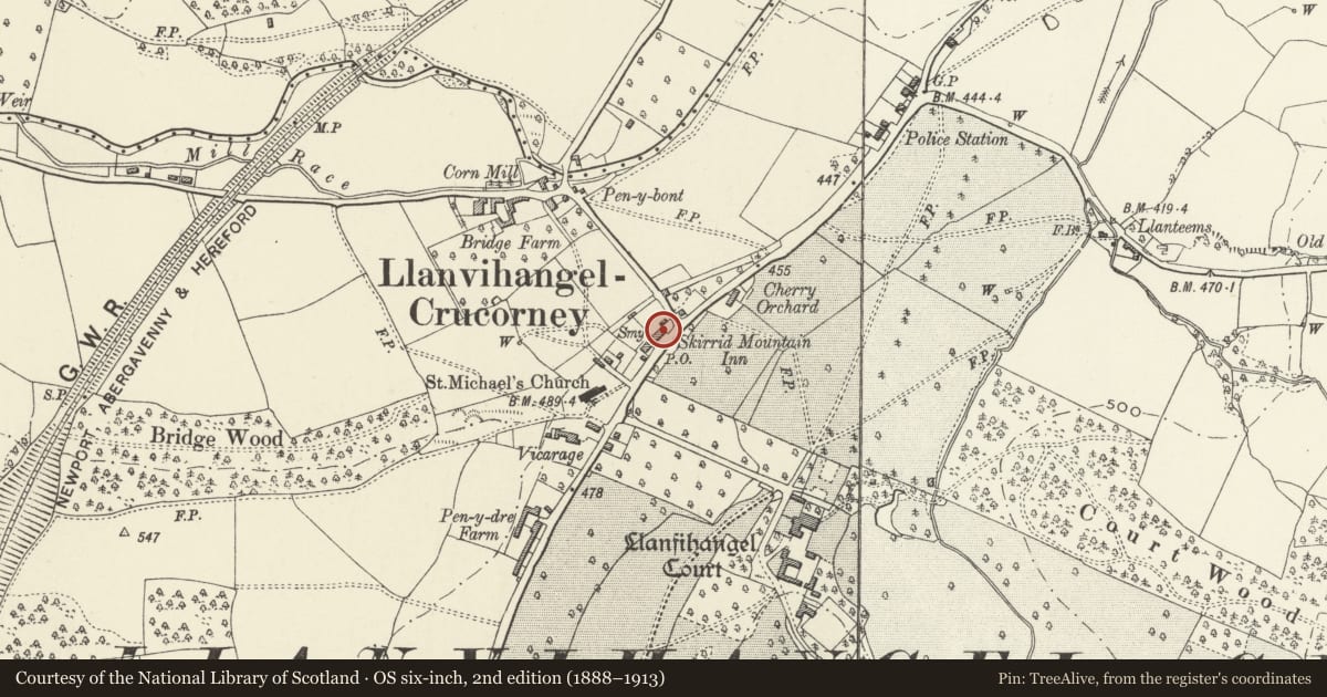 Ordnance Survey six-inch map, 2nd edition (1888–1913) covering the location of The Skirrid Inn, with attached barn, Crucorney, Monmouthshire, with a pin at the register's coordinates