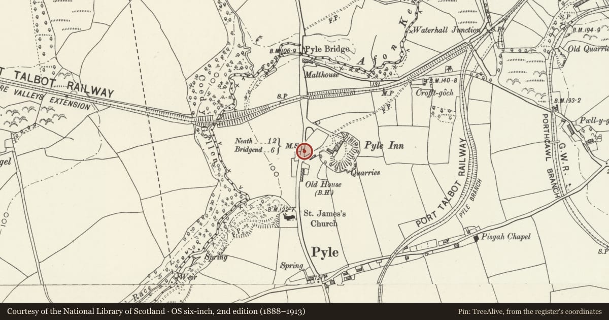 Ordnance Survey six-inch map, 2nd edition (1888–1913) covering the location of Mile marker on A48, Pyle to Margam Road, Bridgend, with a pin at the register's coordinates
