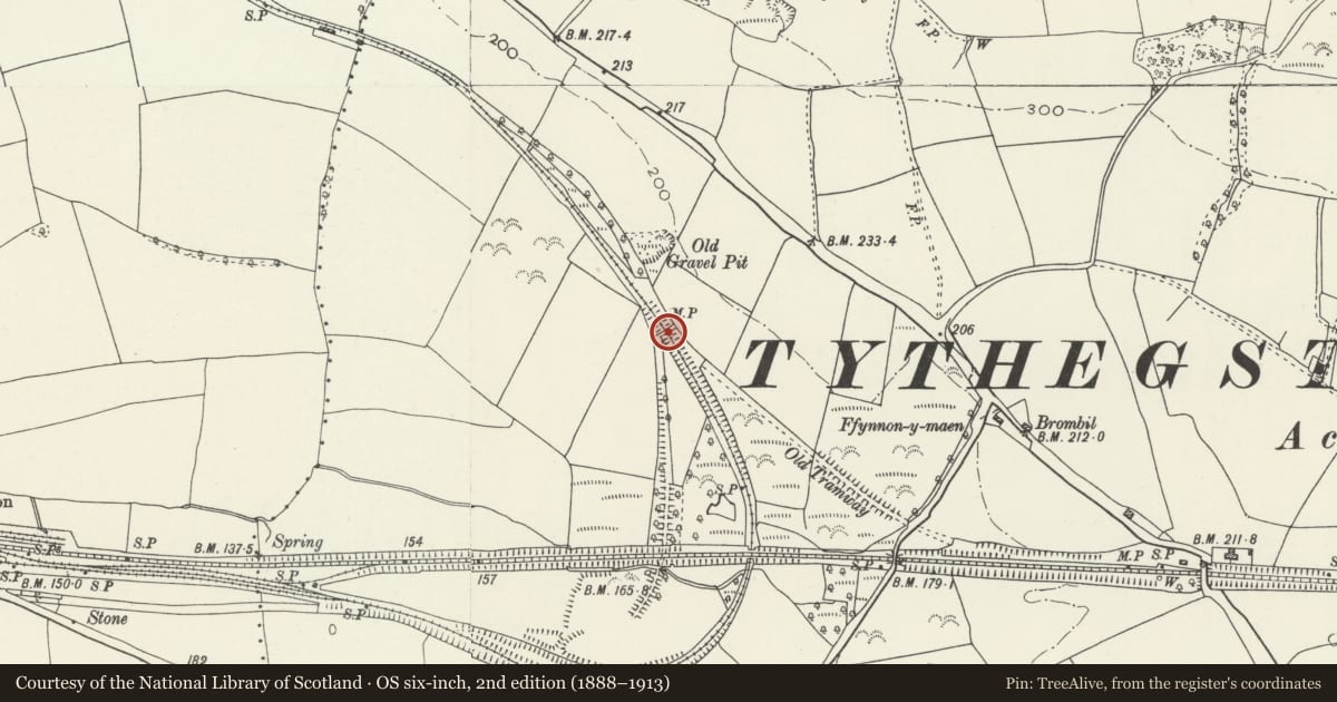 Ordnance Survey six-inch map, 2nd edition (1888–1913) covering the location of Accommodation Bridge over the former Duffryn Llynvi and Porthcawl Railway, Pyle, Bridgend, with a pin at the register's coordinates