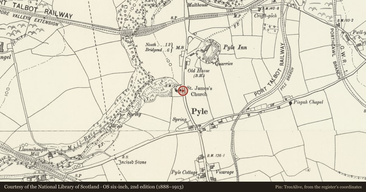 Ordnance Survey six-inch map, 2nd edition (1888–1913) covering the location of Two chest tombs set against the E churchyard wall, Church of St James, Pyle, Bridgend, with a pin at the register's coordinates