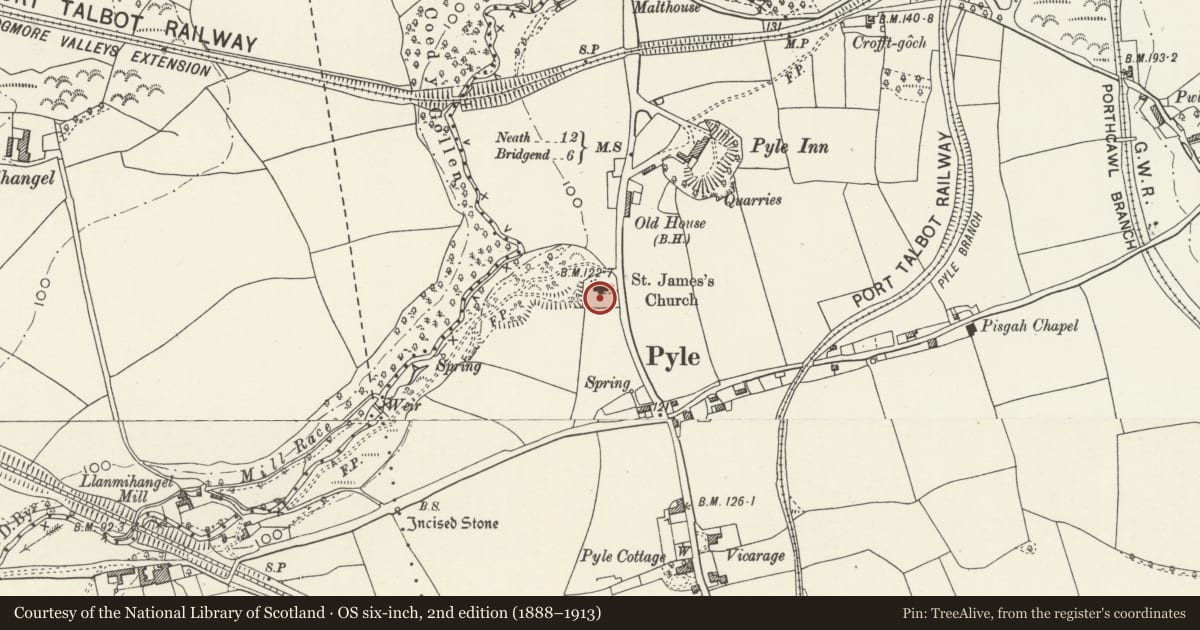 Ordnance Survey six-inch map, 2nd edition (1888–1913) covering the location of Two chest tombs in the churchyard, St James Church, Pyle, Bridgend, with a pin at the register's coordinates