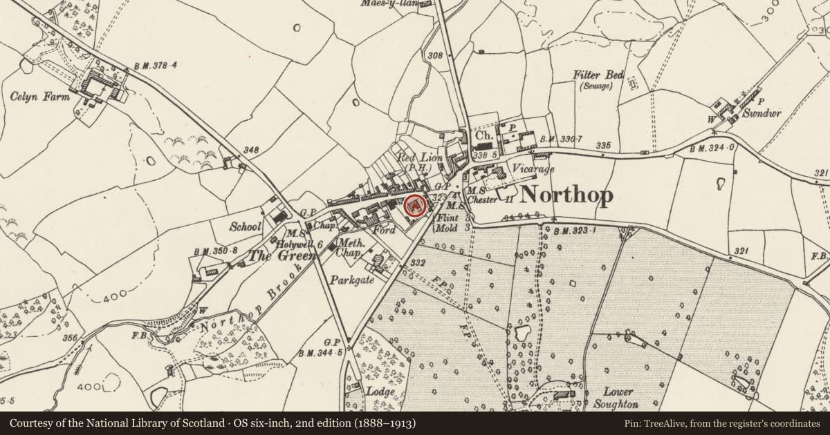 Ordnance Survey six-inch map, 2nd edition (1888–1913) covering the location of Plymouth House and adjoining Coach-house, Northop, Flintshire, with a pin at the register's coordinates