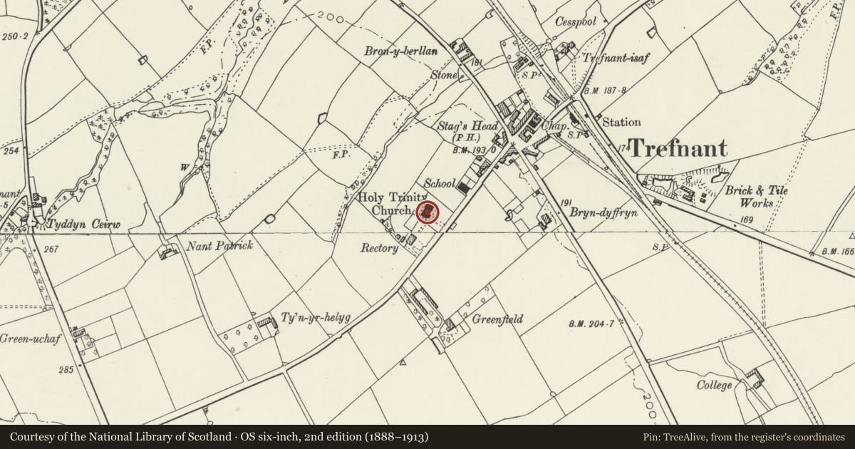 Ordnance Survey six-inch map, 2nd edition (1888–1913) covering the location of Holy Trinity Church, Trefnant, Denbighshire, with a pin at the register's coordinates