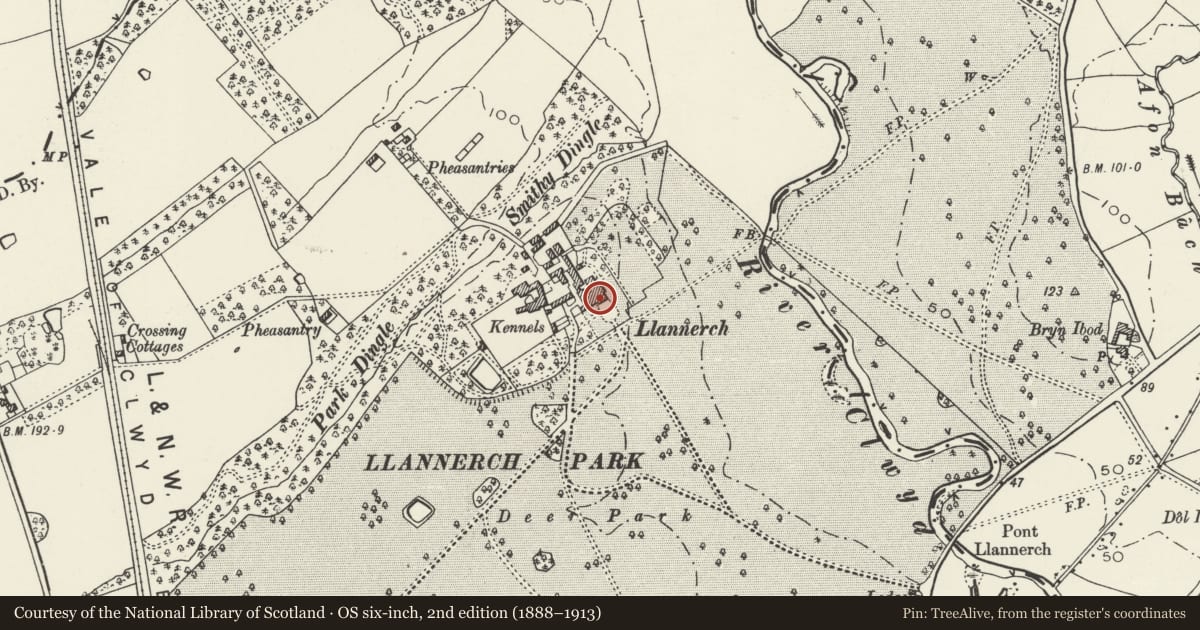 Ordnance Survey six-inch map, 2nd edition (1888–1913) covering the location of No 2 Llannerch Hall, Trefnant, Denbighshire, with a pin at the register's coordinates