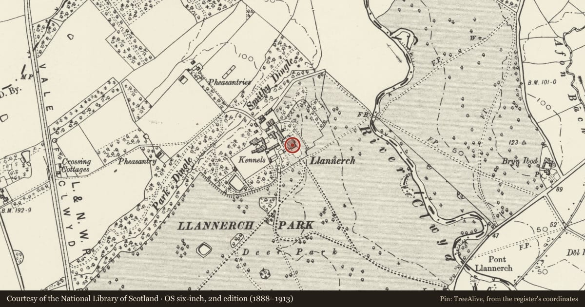 Ordnance Survey six-inch map, 2nd edition (1888–1913) covering the location of No 3 Llannerch Hall, Trefnant, Denbighshire, with a pin at the register's coordinates