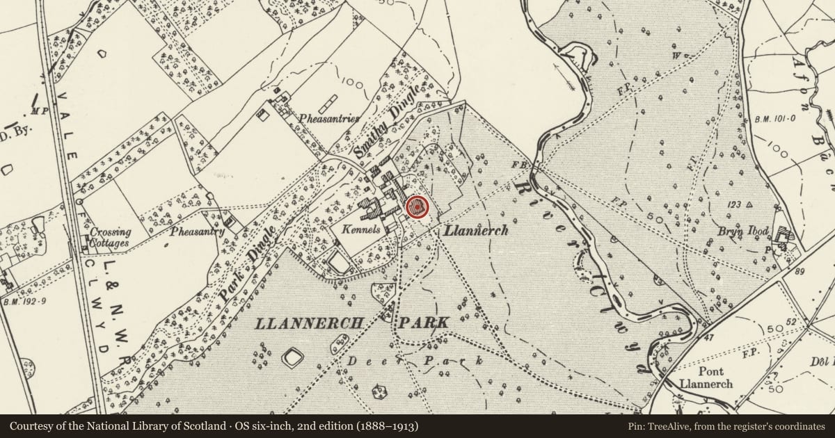 Ordnance Survey six-inch map, 2nd edition (1888–1913) covering the location of No 5 Llannerch Hall, Trefnant, Denbighshire, with a pin at the register's coordinates
