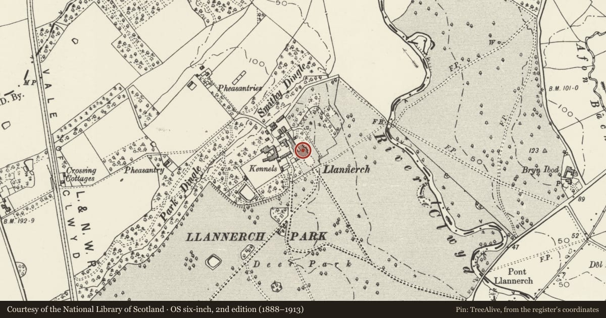 Ordnance Survey six-inch map, 2nd edition (1888–1913) covering the location of No 8 Llannerch Hall, Trefnant, Denbighshire, with a pin at the register's coordinates