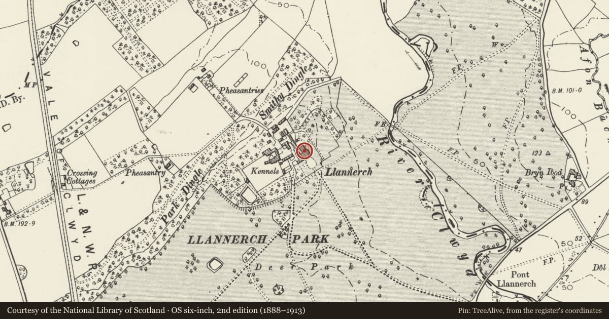 Ordnance Survey six-inch map, 2nd edition (1888–1913) covering the location of No 10 Llannerch Hall, Trefnant, Denbighshire, with a pin at the register's coordinates
