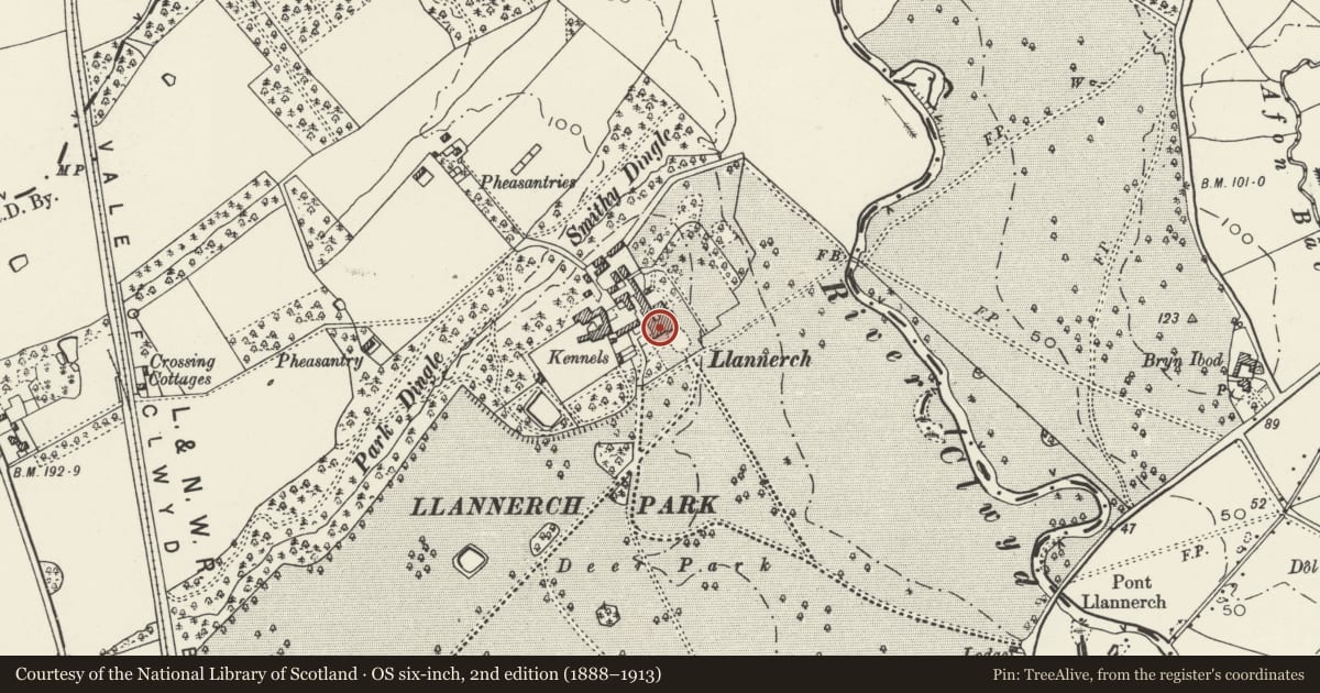 Ordnance Survey six-inch map, 2nd edition (1888–1913) covering the location of No 12 Llannerch Hall, Trefnant, Denbighshire, with a pin at the register's coordinates