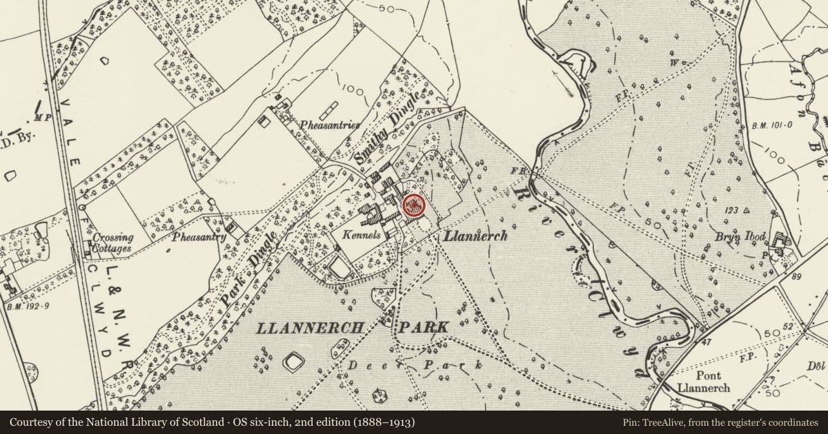 Ordnance Survey six-inch map, 2nd edition (1888–1913) covering the location of No 13 Llannerch Hall, Trefnant, Denbighshire, with a pin at the register's coordinates