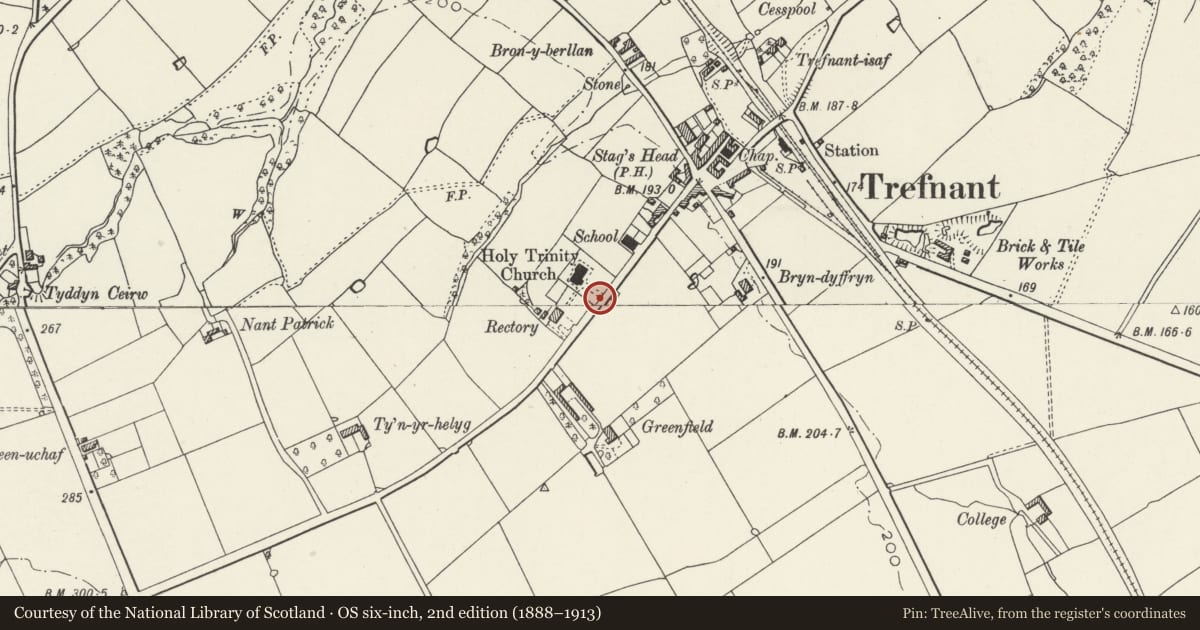 Ordnance Survey six-inch map, 2nd edition (1888–1913) covering the location of Lychgate at Holy Trinity Church, Trefnant, Denbighshire, with a pin at the register's coordinates