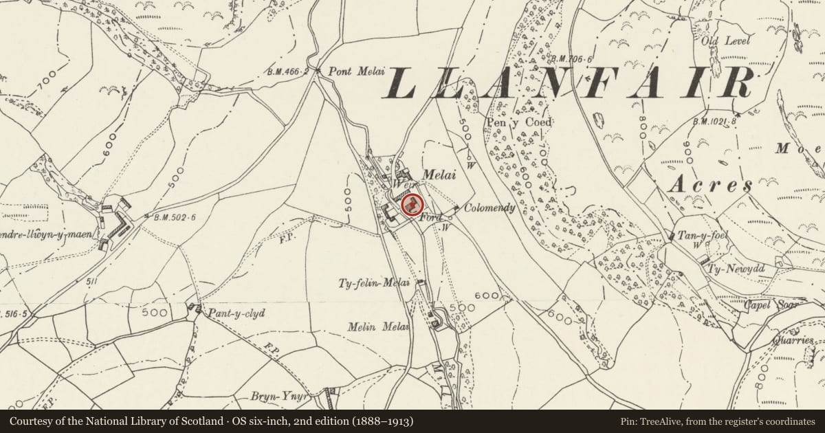 Ordnance Survey six-inch map, 2nd edition (1888–1913) covering the location of Barn Range at Melai, Llanfair Talhaiarn, Conwy, with a pin at the register's coordinates
