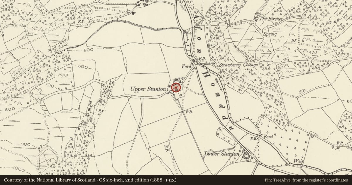 Ordnance Survey six-inch map, 2nd edition (1888–1913) covering the location of Upper Stanton Farmhouse, Crucorney, Monmouthshire, with a pin at the register's coordinates