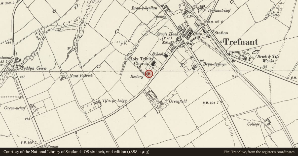 Ordnance Survey six-inch map, 2nd edition (1888–1913) covering the location of Former Rectory, Trefnant, Denbighshire, with a pin at the register's coordinates