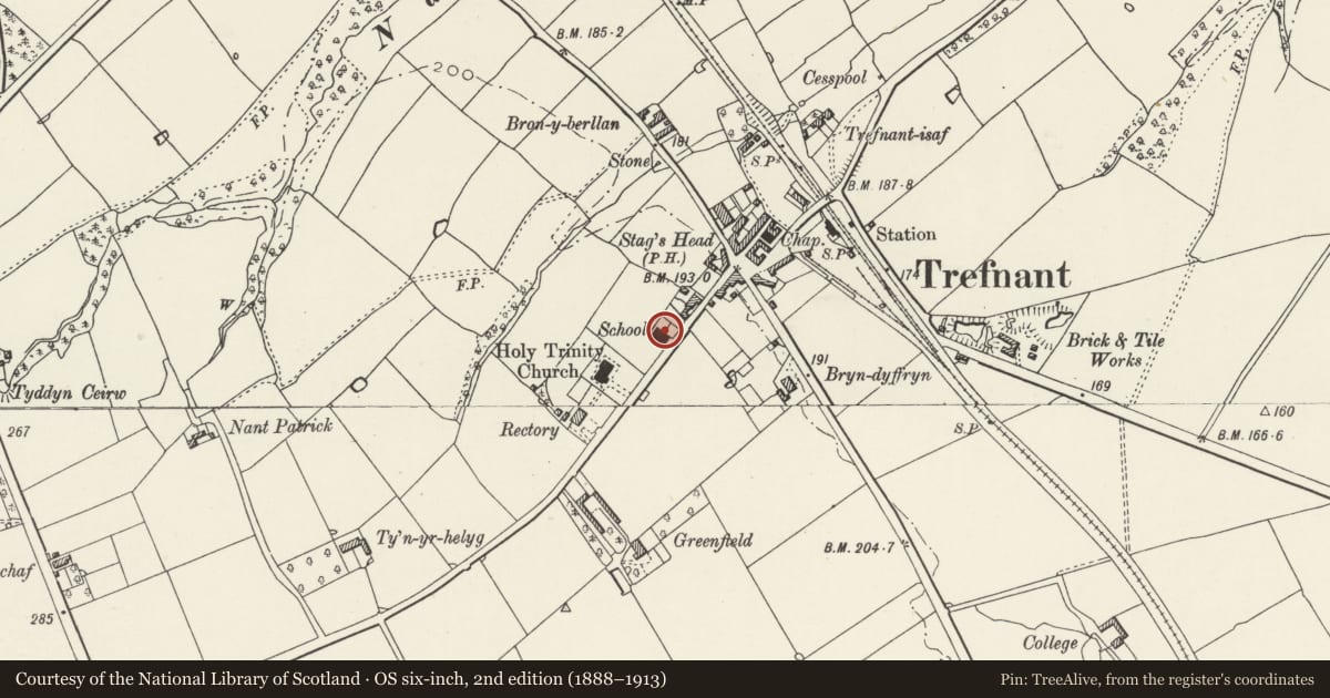 Ordnance Survey six-inch map, 2nd edition (1888–1913) covering the location of Trefnant School, Denbighshire, with a pin at the register's coordinates