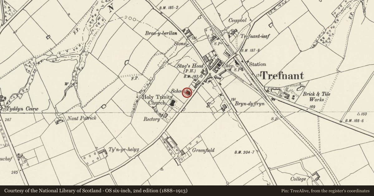 Ordnance Survey six-inch map, 2nd edition (1888–1913) covering the location of Trefnant School House, Denbighshire, with a pin at the register's coordinates