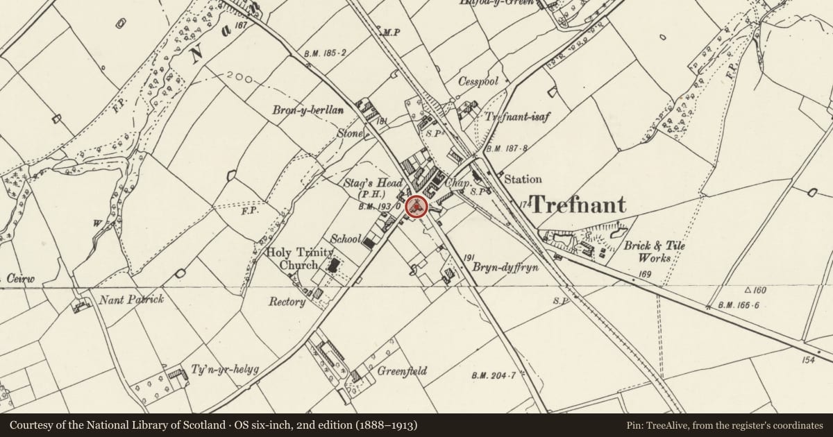 Ordnance Survey six-inch map, 2nd edition (1888–1913) covering the location of The Trefnant Inn, Denbighshire, with a pin at the register's coordinates