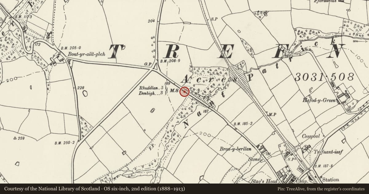 Ordnance Survey six-inch map, 2nd edition (1888–1913) covering the location of Milestone, Trefnant, Denbighshire, with a pin at the register's coordinates