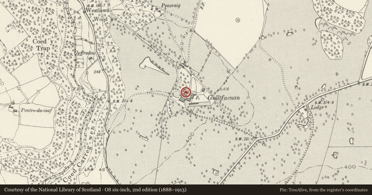 Ordnance Survey six-inch map, 2nd edition (1888–1913) covering the location of Former Stable Block at Galltfaenan Hall, Trefnant, Denbighshire, with a pin at the register's coordinates