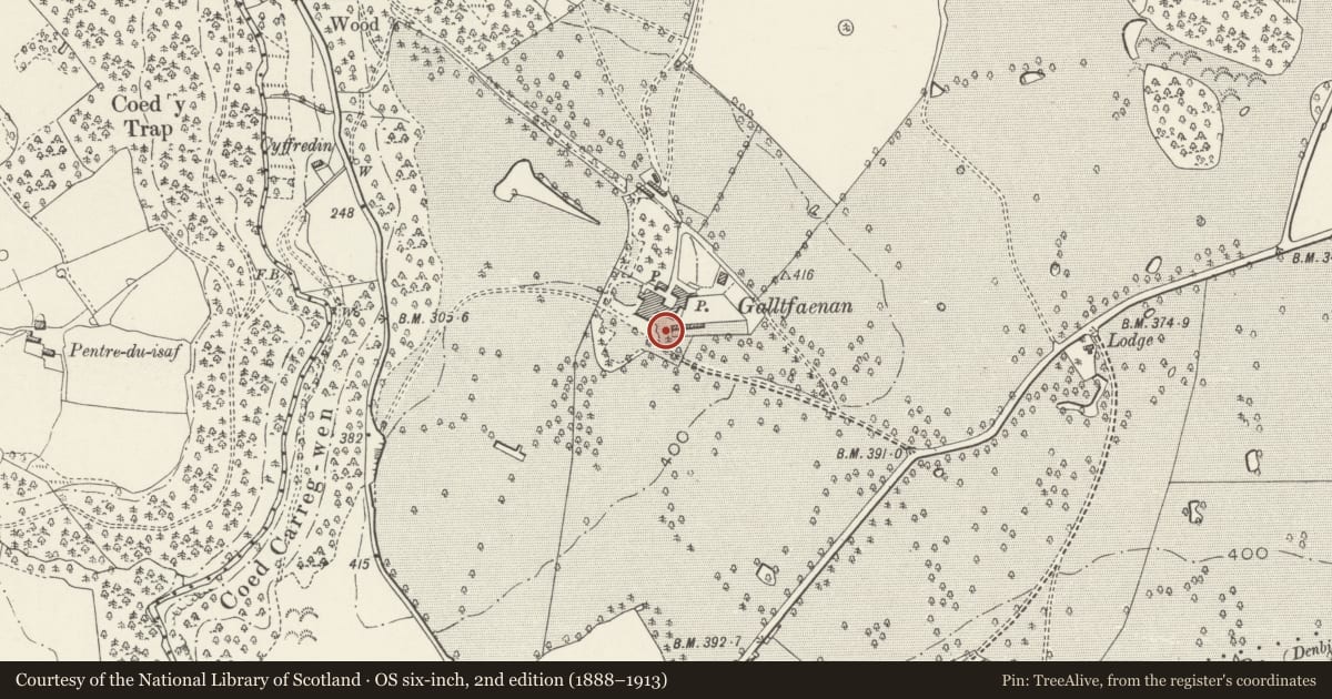 Ordnance Survey six-inch map, 2nd edition (1888–1913) covering the location of Garden Walls at Galltfaenan Hall, Trefnant, Denbighshire, with a pin at the register's coordinates