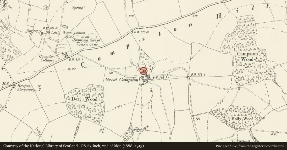 Ordnance Survey six-inch map, 2nd edition (1888–1913) covering the location of Great Campston, Grosmont, Monmouthshire, with a pin at the register's coordinates