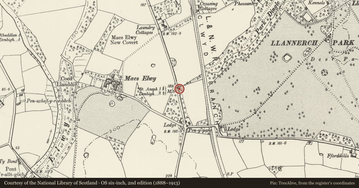 Ordnance Survey six-inch map, 2nd edition (1888–1913) covering the location of Milestone, Trefnant, Denbighshire, with a pin at the register's coordinates