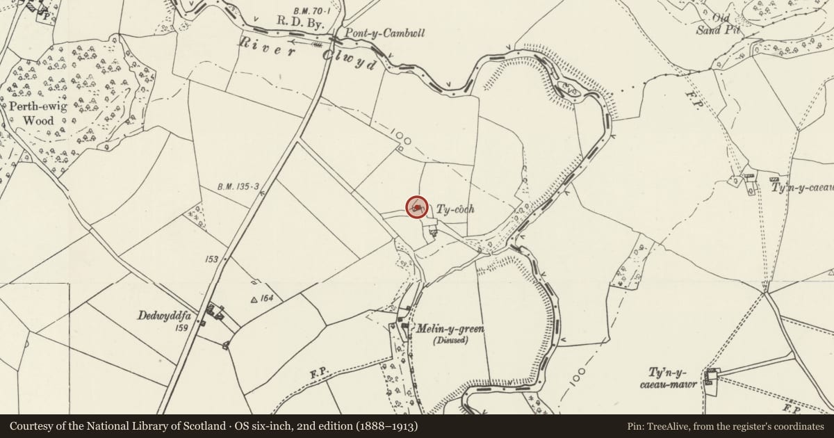 Ordnance Survey six-inch map, 2nd edition (1888–1913) covering the location of Former Agricultural Range at Ty Coch, Trefnant, Denbighshire, with a pin at the register's coordinates